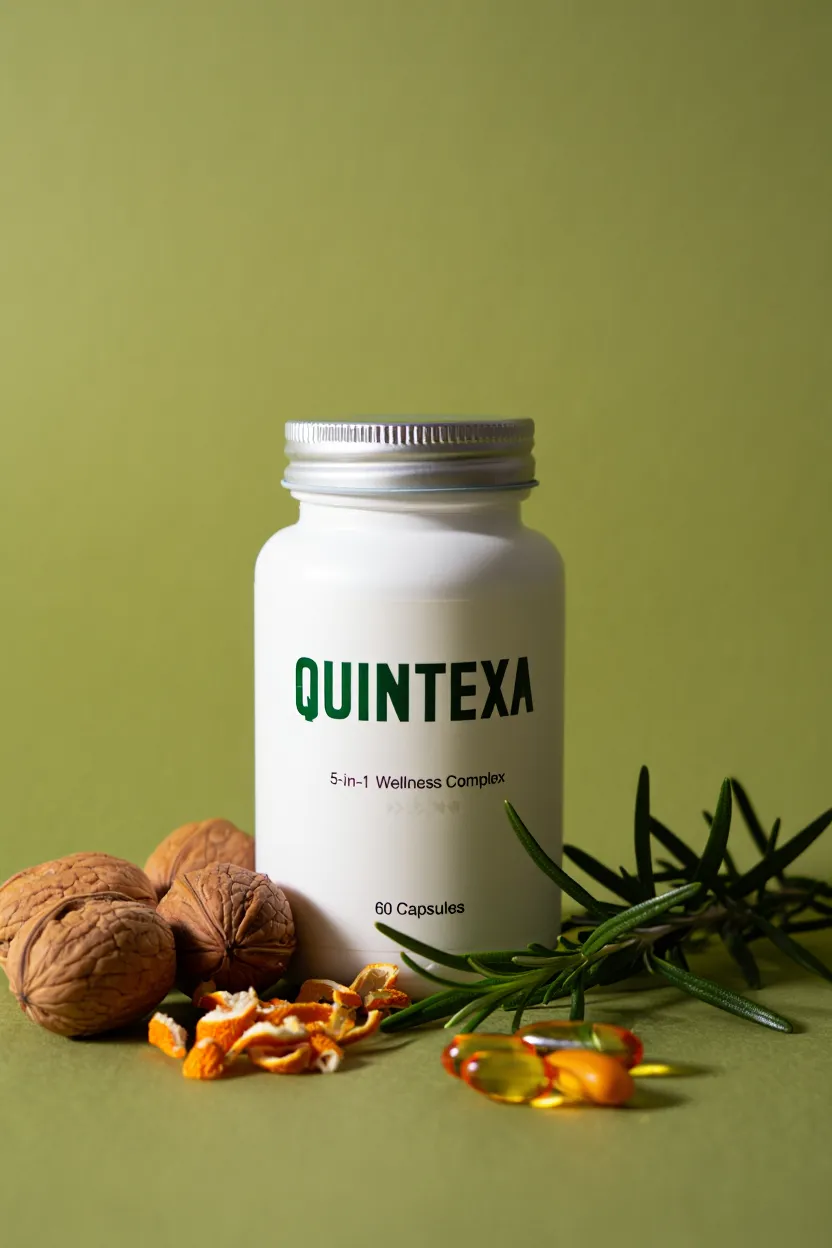 Quintexa 5-in-1 wellness complex supplement bottle with natural ingredients